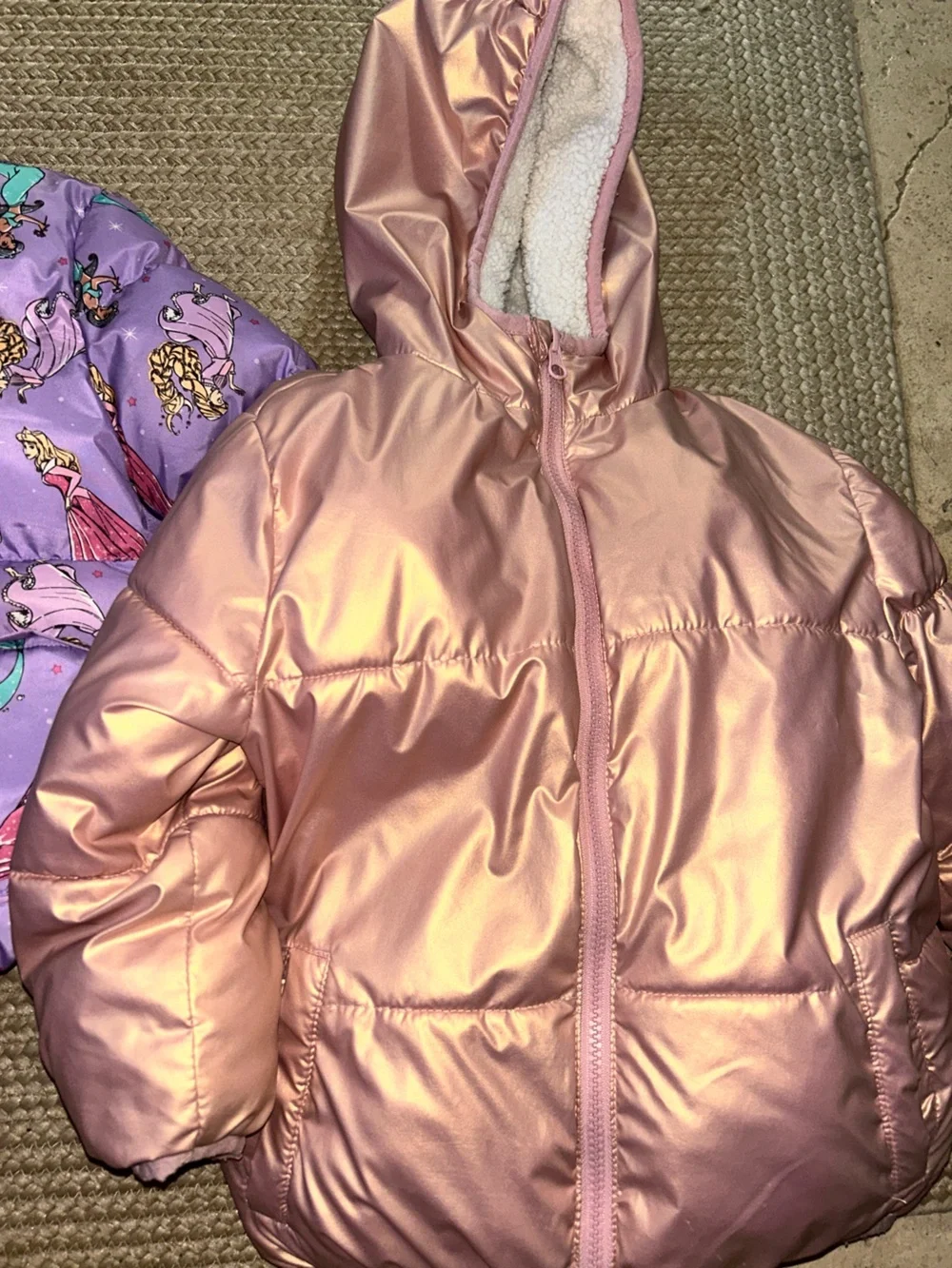 Disney Reversible Pink Metallic and Purple Princess Print Puffer Jacket
